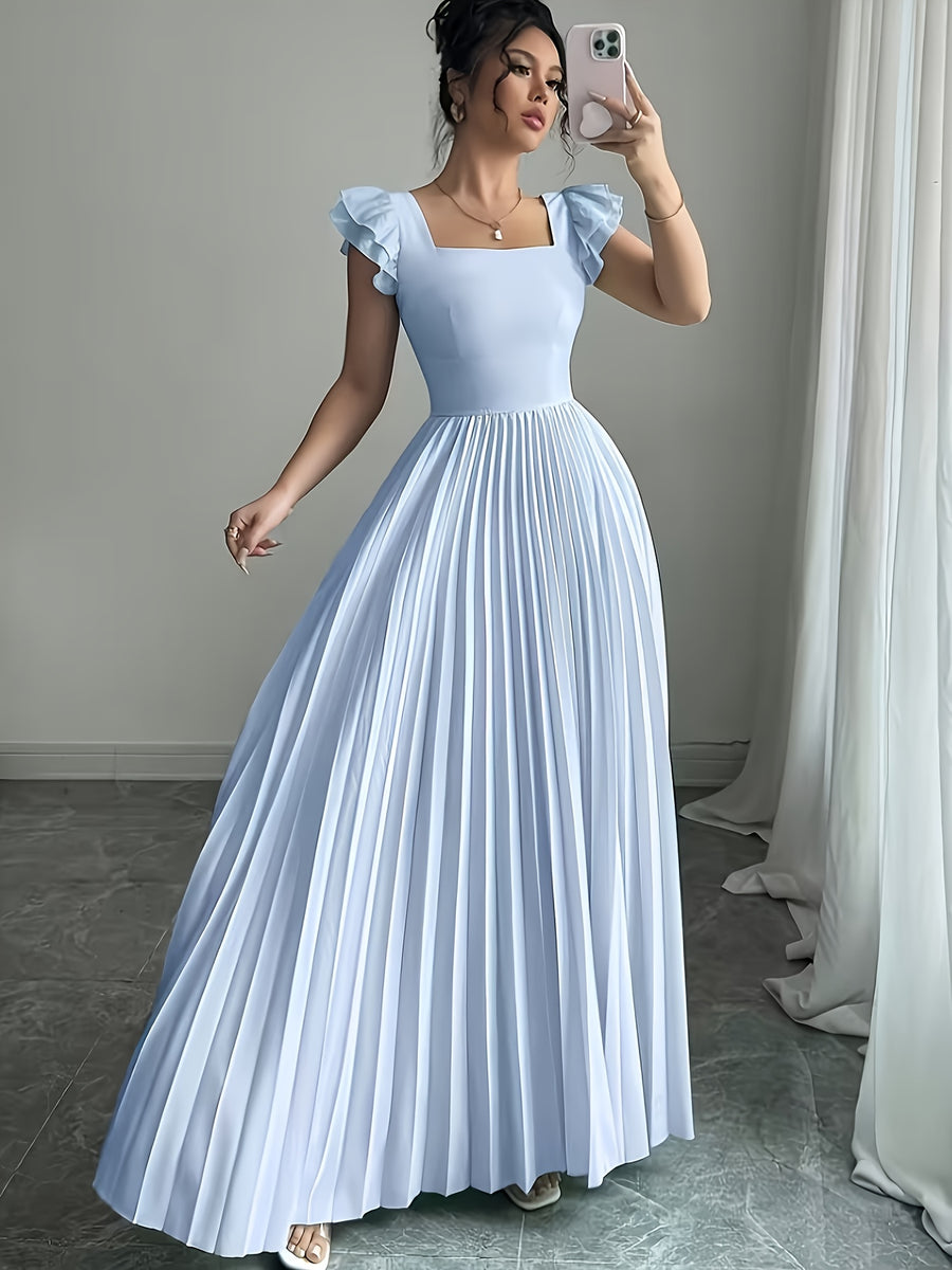 Women'S Elegant Floral Print Pleated Hem Long Dress, Summer - Light Blue