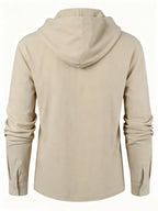Minimalist Light Luxury Men's Linen Hooded Long-sleeve Garment. The Smooth Handwritten Letter Print on the Front Chest Enhances the Overall Style, While the Crisscross Tie-strap Construction Creates a Distinctive Neckline. The Long-sleeve Hooded - Apricot