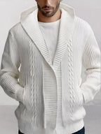 Men's Knitted Cardigan, Hooded Knit Cardigan, Simple and Textured Style, Loose Fit, Hooded Design, Large Lapel Collar, Buttonless Cardigan, Vertical Rib and Cable Knit Blend, Suitable for Various Daily Occasions, Effortlessly Create a Simple - White