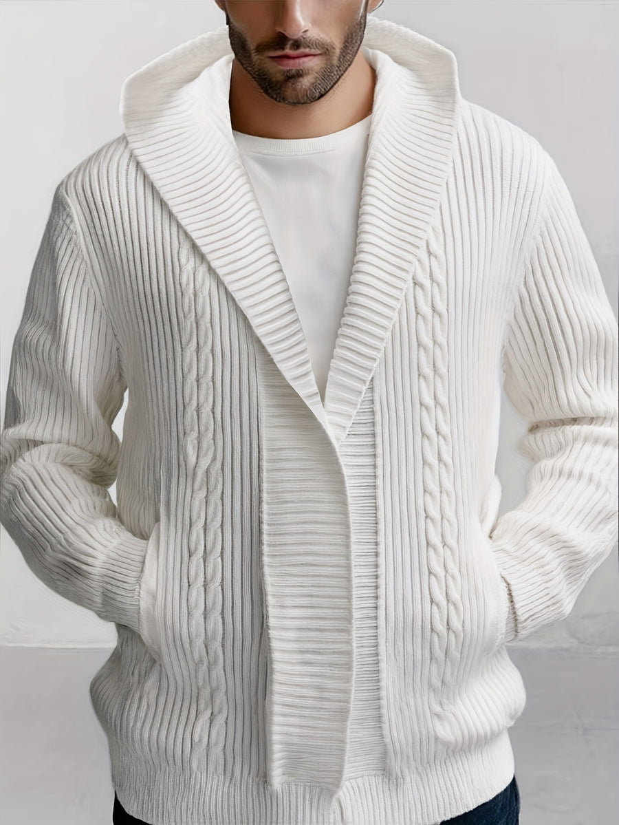 Men's Knitted Cardigan, Hooded Knit Cardigan, Simple and Textured Style, Loose Fit, Hooded Design, Large Lapel Collar, Buttonless Cardigan, Vertical Rib and Cable Knit Blend, Suitable for Various Daily Occasions, Effortlessly Create a Simple - White