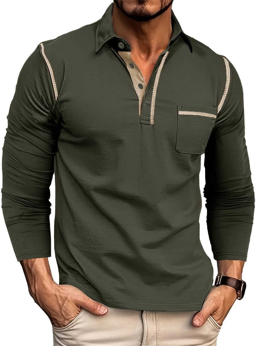 KJ-P029 Men's Long Sleeve Henley Shirt with Contrast Color Placket and Pocket Design, Stretchy, Comfortable, and Casual Polo for Daily Commuting Wear - fern green