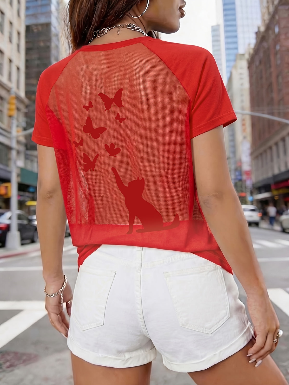 Women's Sexy Backless Careful Machine, Printed with Cat Butterfly Plush Print Pattern, Semi Transparent Round Neck T-shirt, Breathable Mesh Fabric, Suitable for All Seasons, Suitable for Casual and Formal Wear - Red