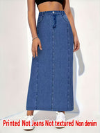 [Printed Skirt - Not Denim Fabric]Non-Denim Fabric, Denim Print, New Spring And Summer Women'S Non-Denim Fabric, Solid Color Print Skirt, High Waist, Casual Versatile Mid-Length Skirt - Blue