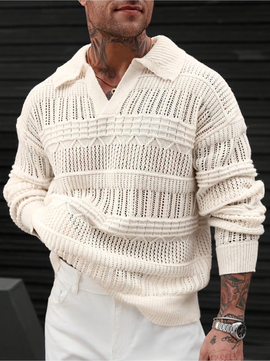 JANE DRESSINGLOG Men's Autumn and Winter Casual Knitted Pullover, with a V-neck Hollow Out Solid Color Polo Shirt and Long Sleeved Sweater, Trendy, Casual, Loose, Breathable, Suitable for Daily Commuting and Travel in Early Autumn. - Apricot