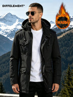 DIFFELEMENT Men's Outdoor Workwear Style Mid-Length Hooded Parka Coat with Fleece-Lined Thickened Lamb's Fleece Interior, Hood, Zipper, Button Double Front Closure, Windproof Multi-Pocket Design, Cold-Resistant, Wear-Resistant, and Warm Padded Coat - Black