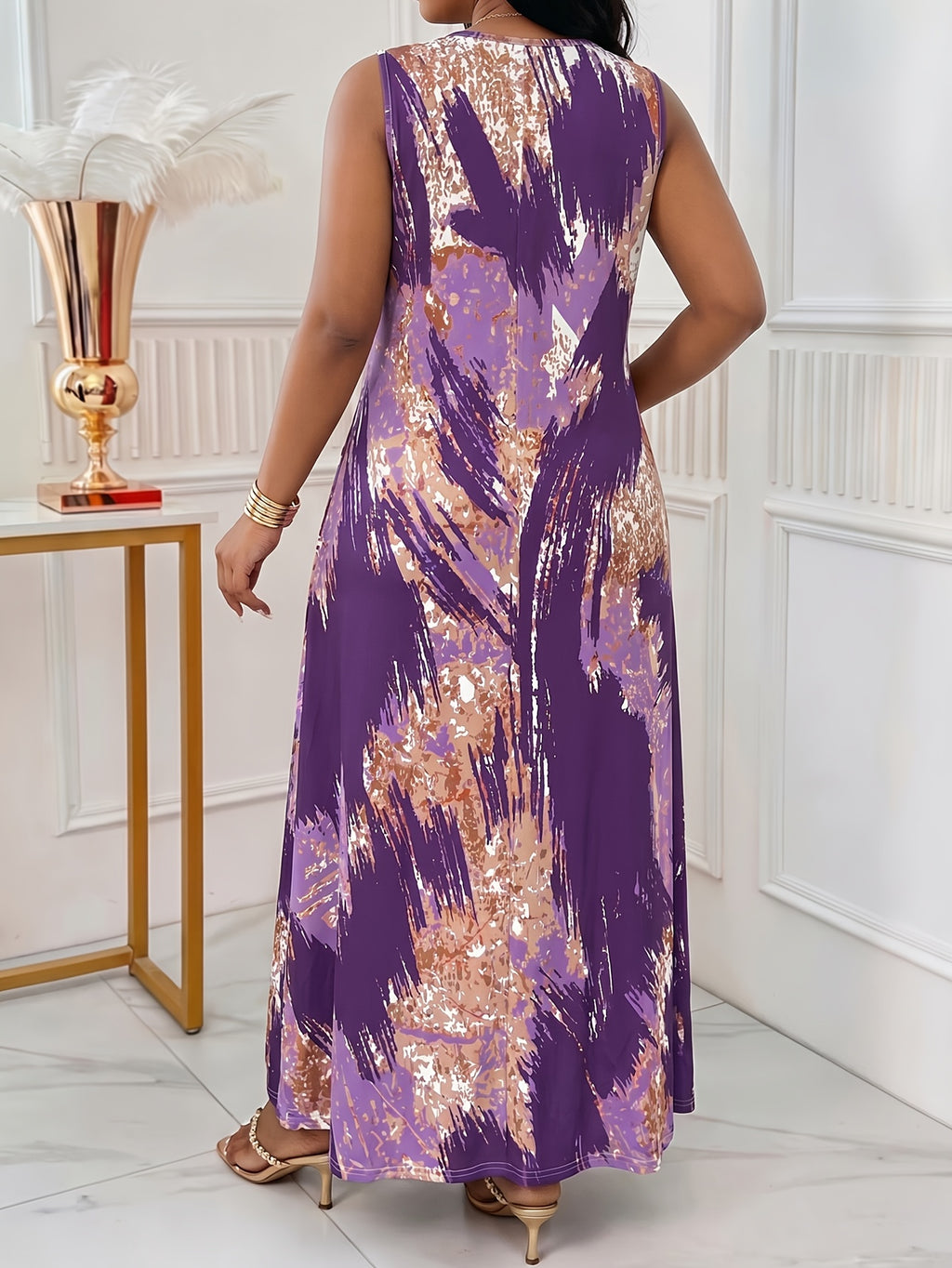 Plus Size Women'S Round Neck Sleeveless Dress, Abstract Brush Stroke Striped Contrast Print Design with Pockets, Casual Vacation Style Outfit, Artistic Vintage Long Dress, Summer New Plus Size Women'S Clothing - Purple