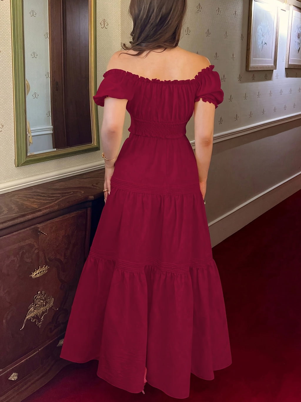 New Women's Fashionable Simple and Elegant Casual Daily Outfit, Suitable for Outings, Solid Color Off-the-Shoulder Short Sleeve Top with Bow Tie Lacing and Flared Hem Skirt 2pcs Set - Burgundy
