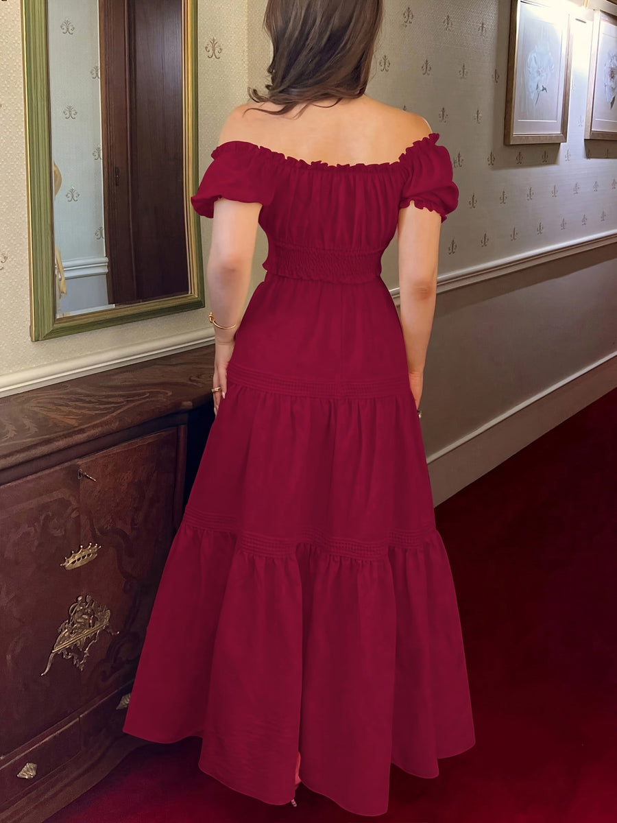 New Women's Fashionable Simple and Elegant Casual Daily Outfit, Suitable for Outings, Solid Color Off-the-Shoulder Short Sleeve Top with Bow Tie Lacing and Flared Hem Skirt 2pcs Set - Burgundy