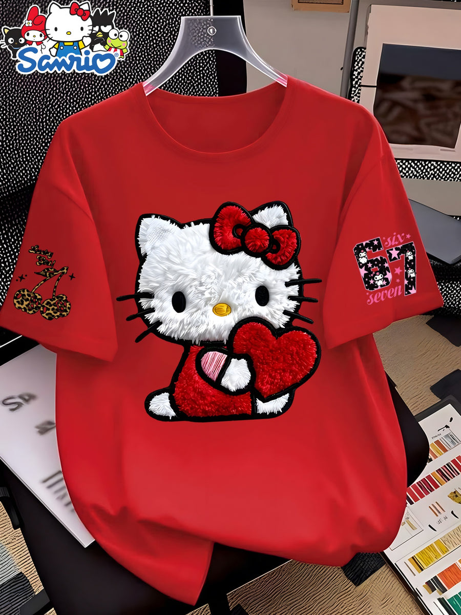 Summer New -Border European And American Women'S Short Sleeve T-Shirt, Hellokitty Cartoon Cute Pattern Print Design, Loose Round Neck Short Sleeve Casual Top, Comfortable And Fashionable Home Wear, Multi-Color Options, Easy Style, Trendy Design - Bright Red