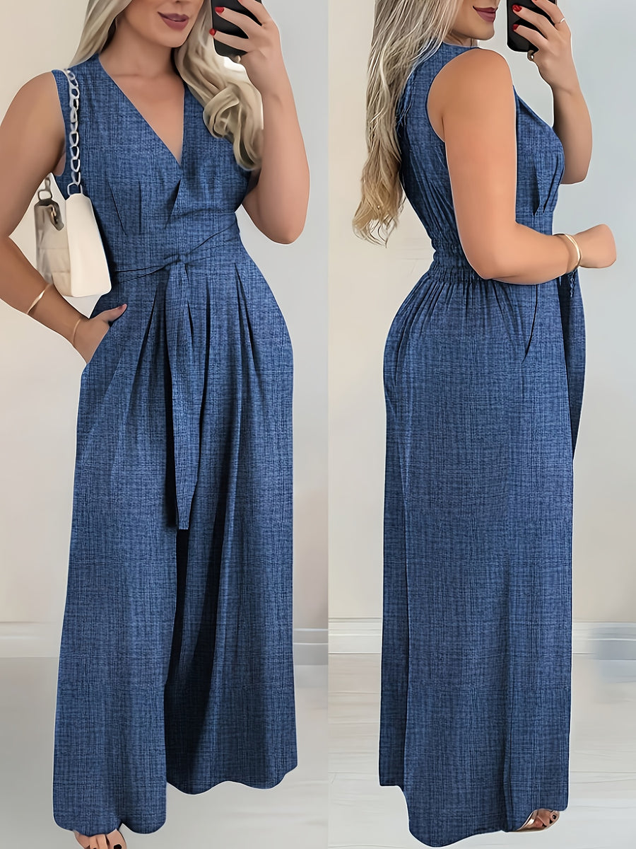 Elegant Solid Color Cross-Neck Waist-Cinching Sleeveless Ruched Wide-Leg Jumpsuit, Elegant - Blue