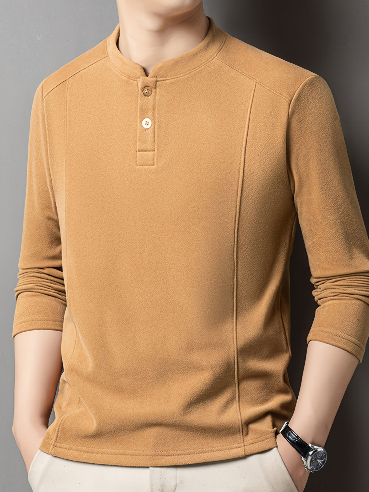 Men's Henley Neck Long Sleeve Base Layer Shirt, Slim Fit but Not Tight, Suitable for Middle-Aged Men, with a Light Business-Casual Vibe. -SINBOS - Yellow