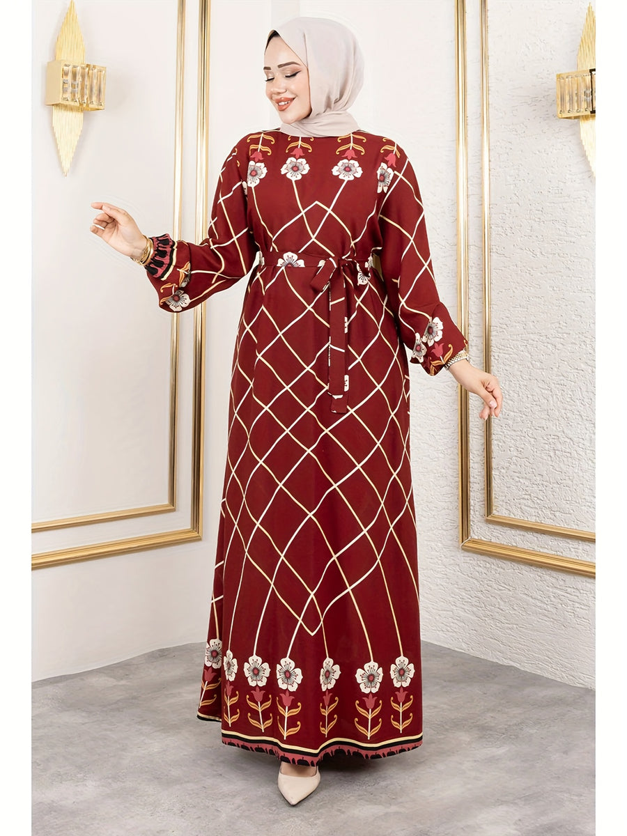New Middle Eastern Muslim Elegant Temperament Floral Print Round Neck Tie-Up Abaya, Headscarf Not Included - Burgundy
