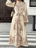 Sweet Style Printed Dress for Women with Tie-Up Straps and Bow, Long Dress for Daily Outings, Versatile for Streetwear - Apricot