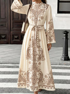 Sweet Style Printed Dress for Women with Tie-Up Straps and Bow, Long Dress for Daily Outings, Versatile for Streetwear - Apricot