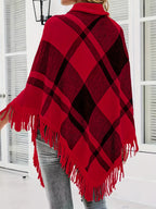 Spring/Autumn New Plaid Color-Block Fringe Shawl Women's High-Neck Irregular Pullover Sweater - Red