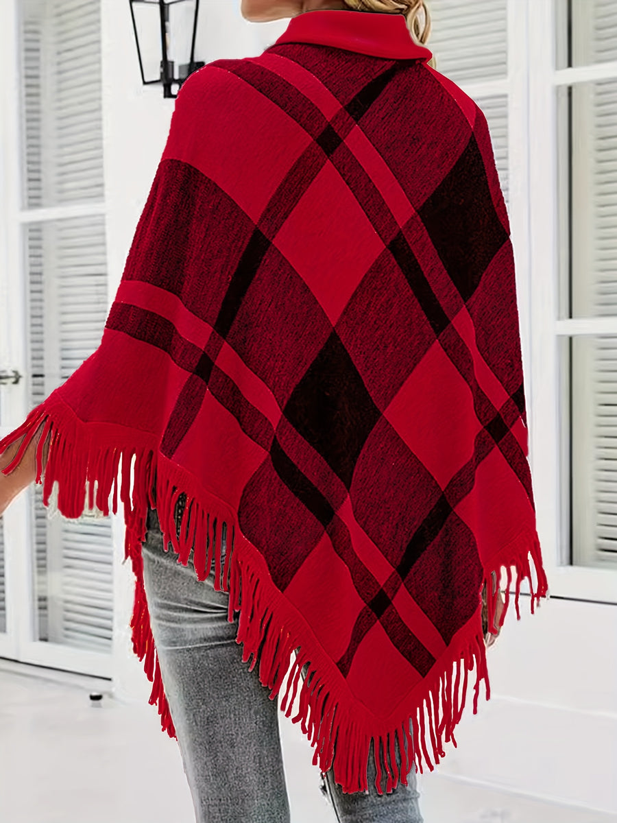 Spring/Autumn New Plaid Color-Block Fringe Shawl Women's High-Neck Irregular Pullover Sweater - Red