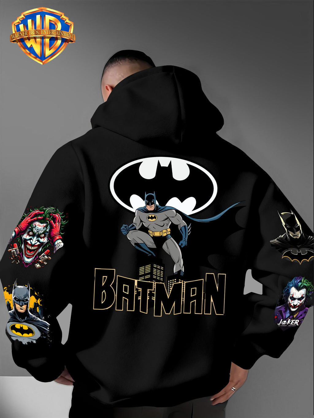 DC Batman Joker IP Official Hooded Sweatshirt with Gotham Crouching Batman on the Back + Bat Logo Themed Print, Drawstring Loose Hoodie, Wear-Resistant and Wash-Resistant Autumn/Winter Trendy Top - Black