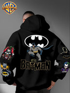 DC Batman Joker IP Official Hooded Sweatshirt with Gotham Crouching Batman on the Back + Bat Logo Themed Print, Drawstring Loose Hoodie, Wear-Resistant and Wash-Resistant Autumn/Winter Trendy Top - Black