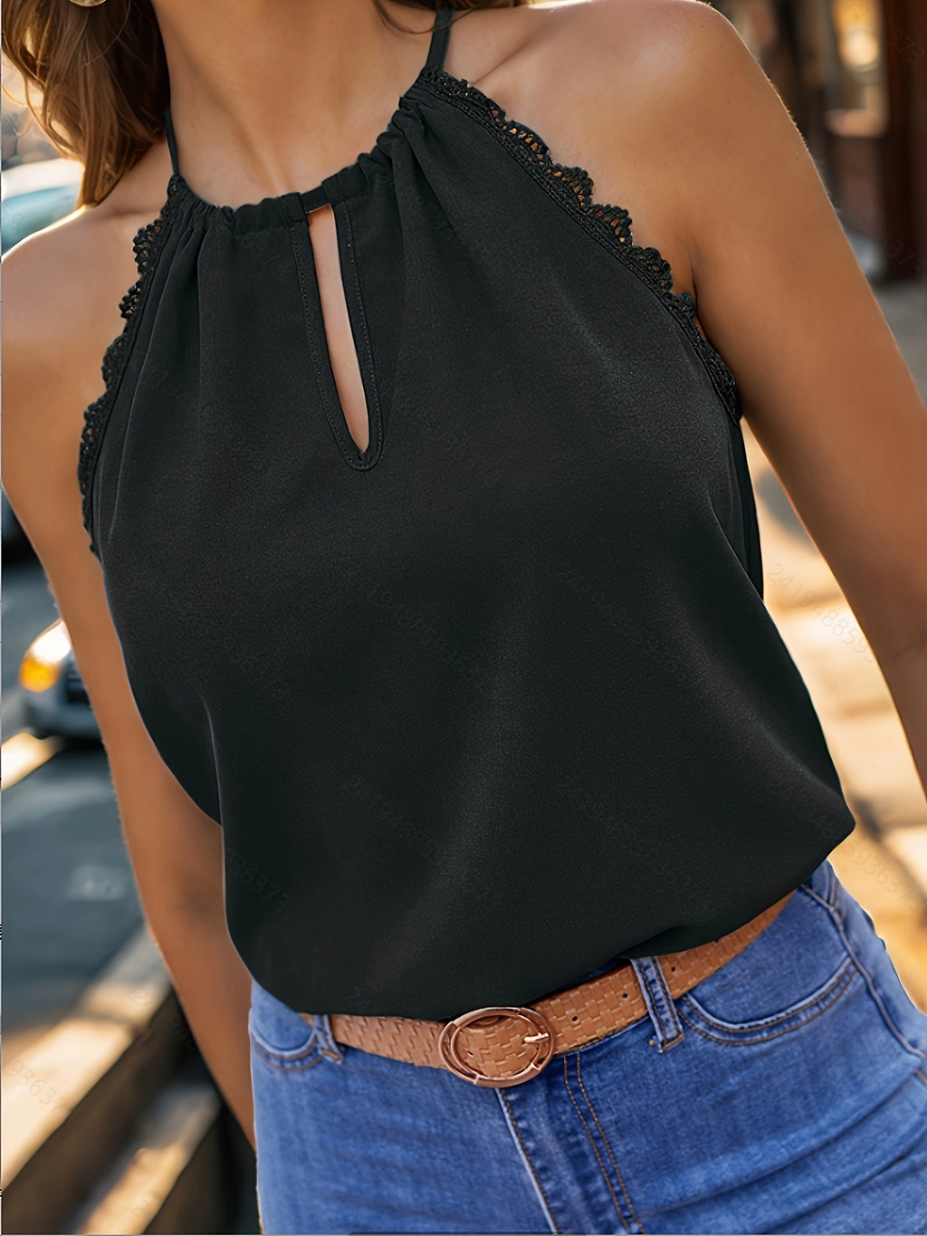 Women's Fashion Tank Top, French-Style Hollow-Out Lace-Trimmed Halter Neck Tank Top with Tie-Back for Spring/Summer - Black