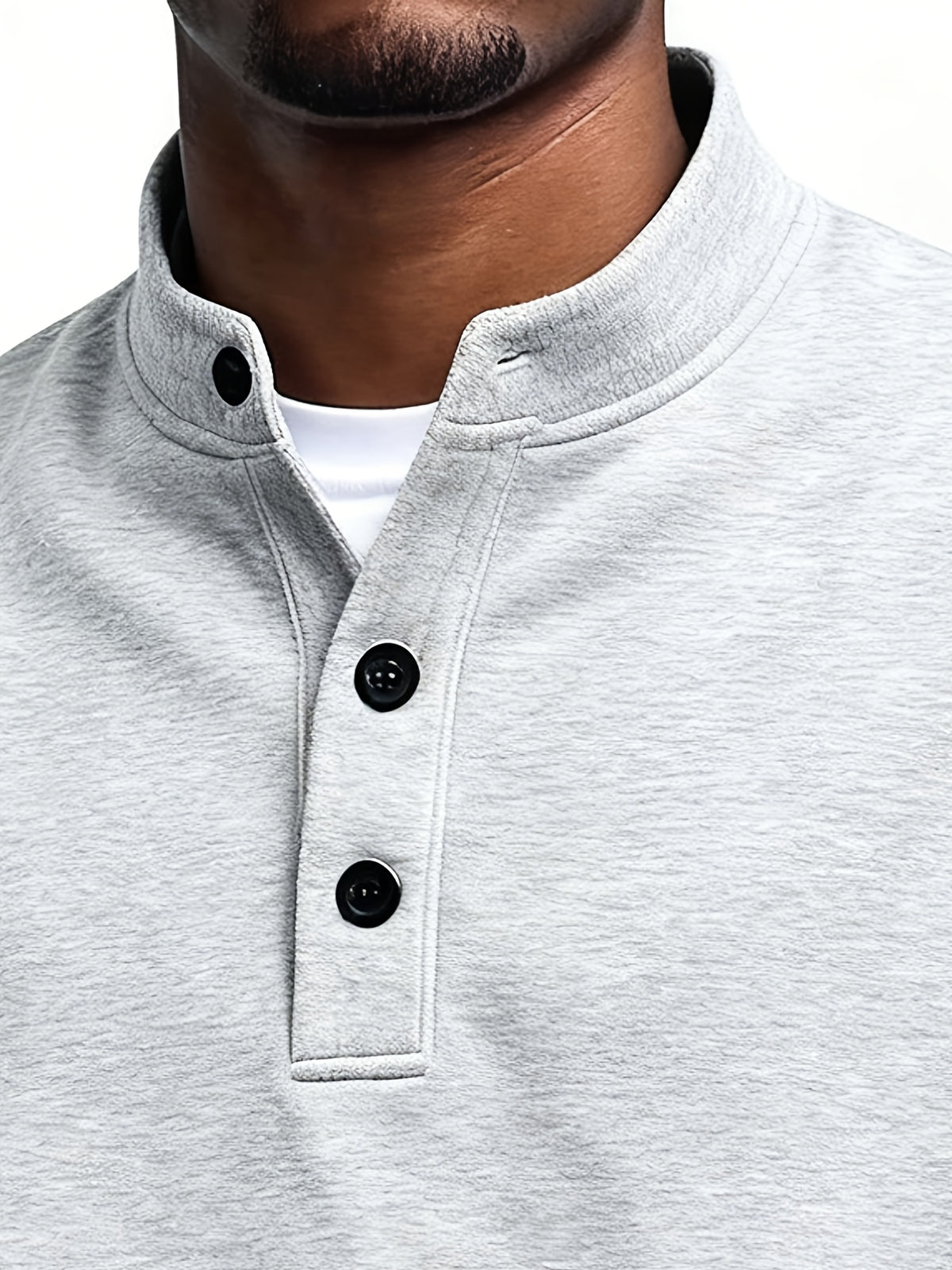 Men'S Spring Autumn Stand-Collar Pullover Sweatshirt, Button-Front Design Loose Long Sleeve Top, Solid Color Casual Wear Suitable for Daily Outings - Light Grey