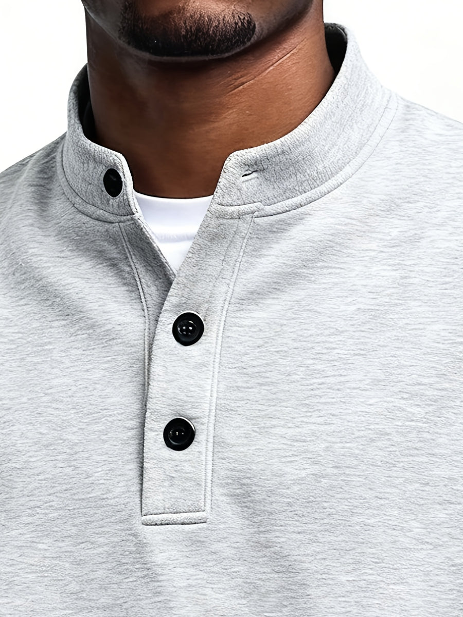 Men'S Spring Autumn Stand-Collar Pullover Sweatshirt, Button-Front Design Loose Long Sleeve Top, Solid Color Casual Wear Suitable for Daily Outings - Light Grey