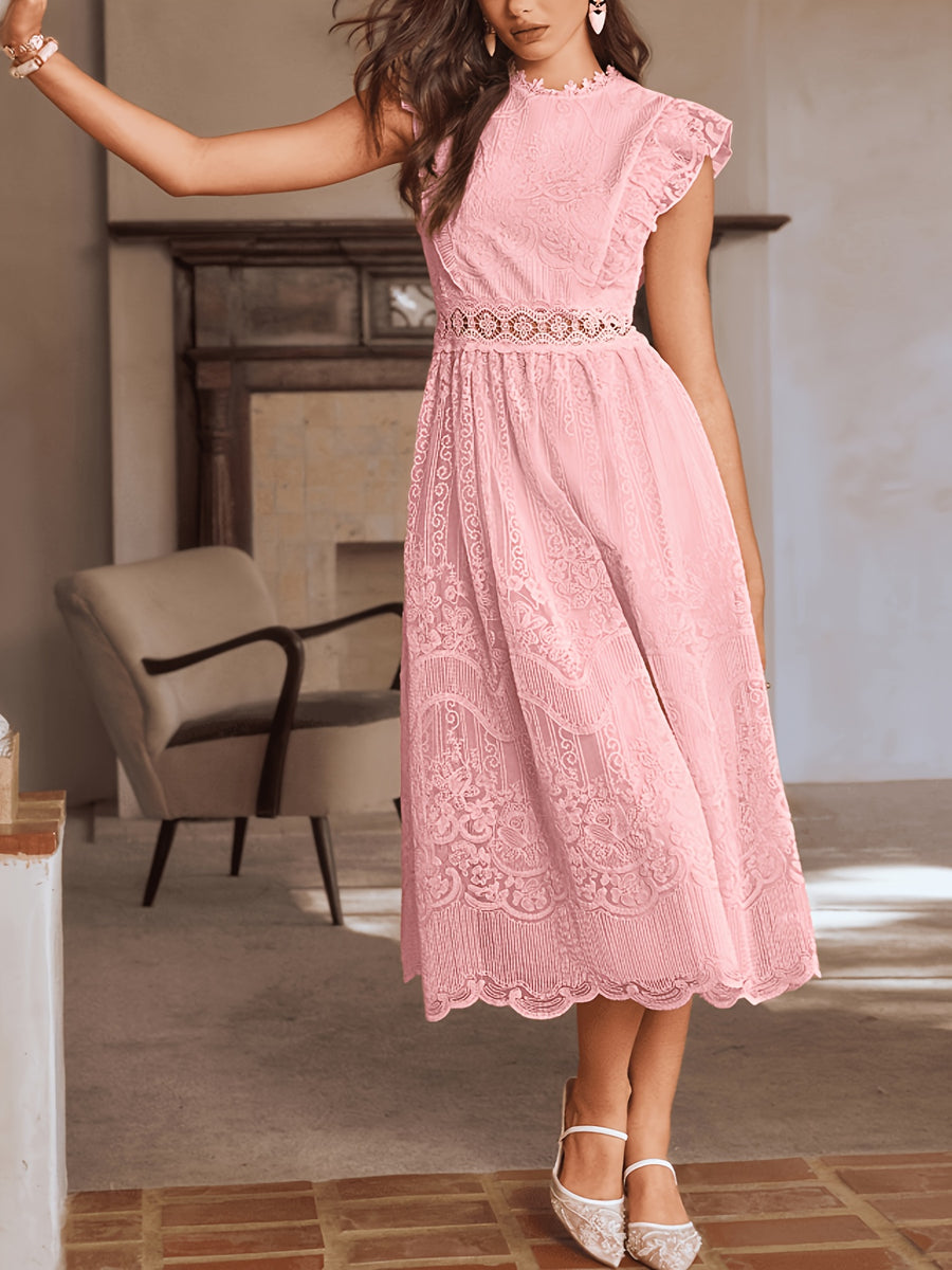 New Women'S Spring And Summer Lace Ruffle Decoration Temperament Elegant Long Dress Evening Dress Bridesmaid Dress Dress - Pink