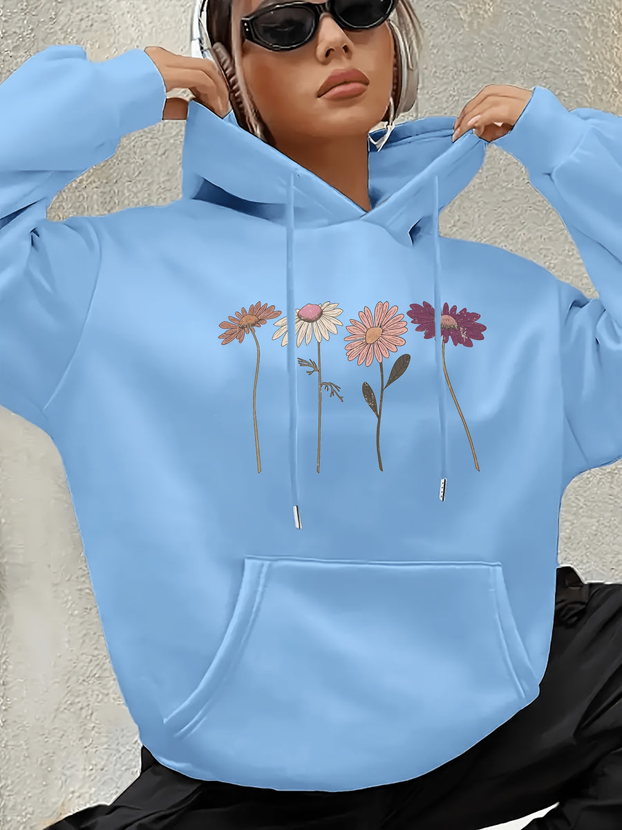 Women's Fashion Four Flower Print Casual Hooded Sweatshirt - Sky Blue