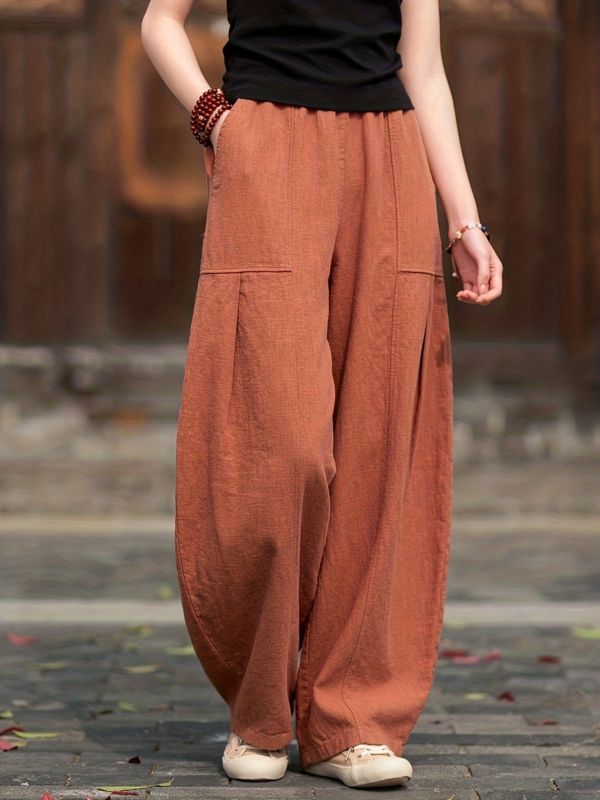 Elegant Solid Color Wide-Leg Pants for Women, Casual Loose Trousers Suitable for Work And Outings - Brick Red