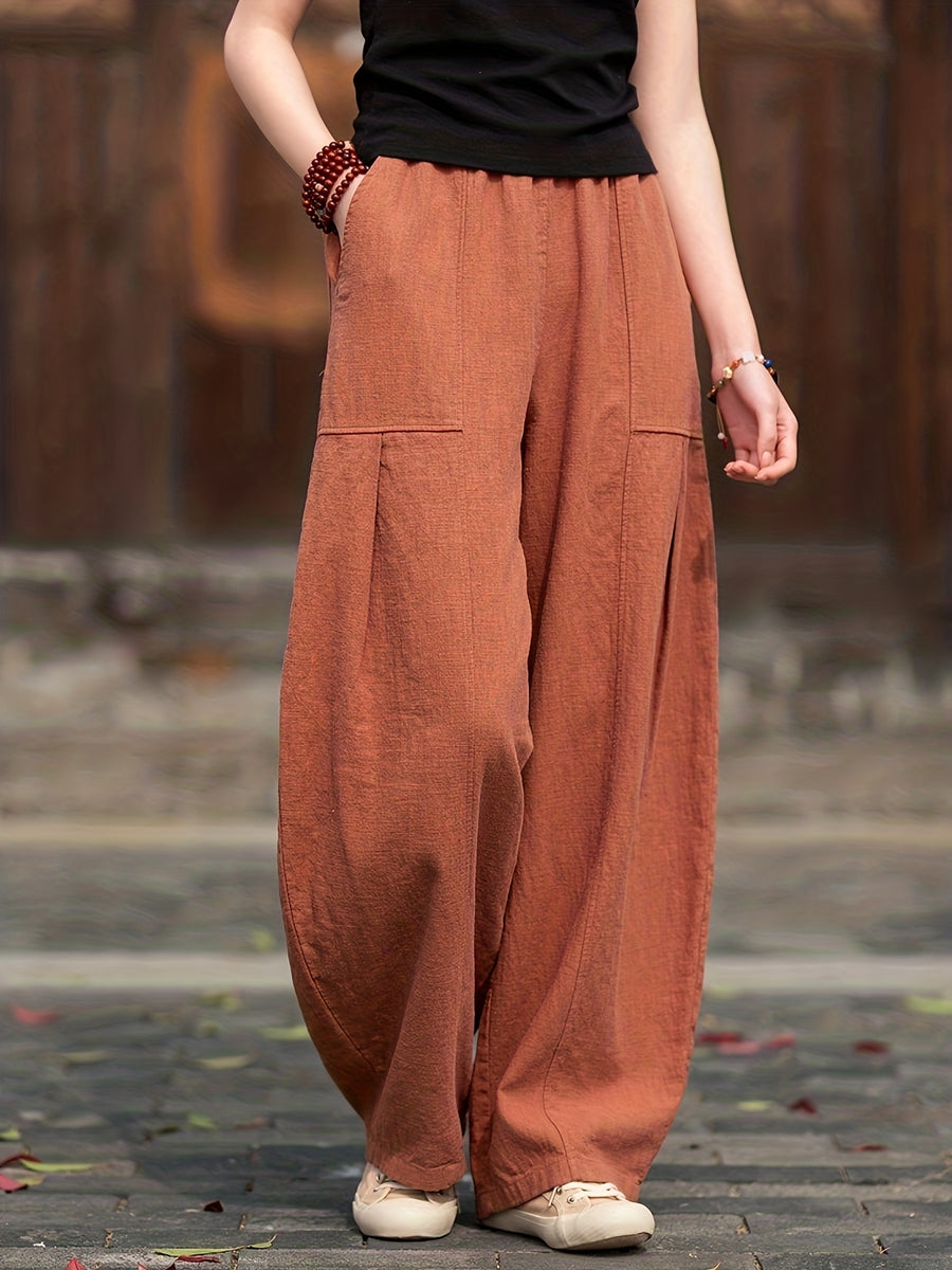 Elegant Solid Color Wide-Leg Pants for Women, Casual Loose Trousers Suitable for Work And Outings - Brick Red