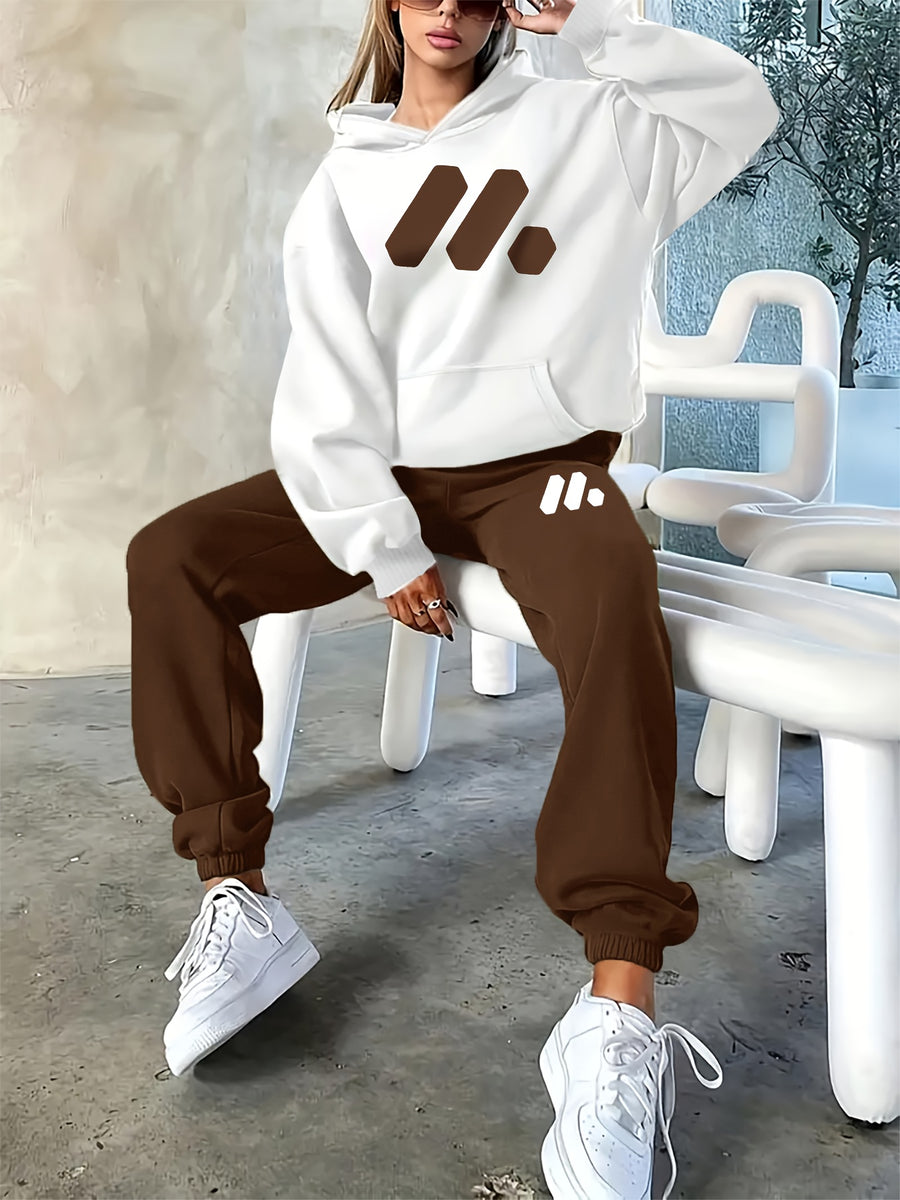 2025 Fall/Winter New Geometric Pattern Casual Letter Print Loose Warm Long Sleeve Hooded Sweatshirt and Drawstring Elastic Waist Pants Women's Two-Piece Set - White,brown