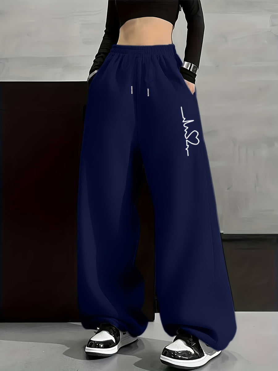 Caution ECG Print, Autumn And Winter Fashion Casual Women'S Fleece Pants, Solid Color Drawstring Sweatpants, Casual Loose Sweatpants, Women'S Fashion - Navy Color