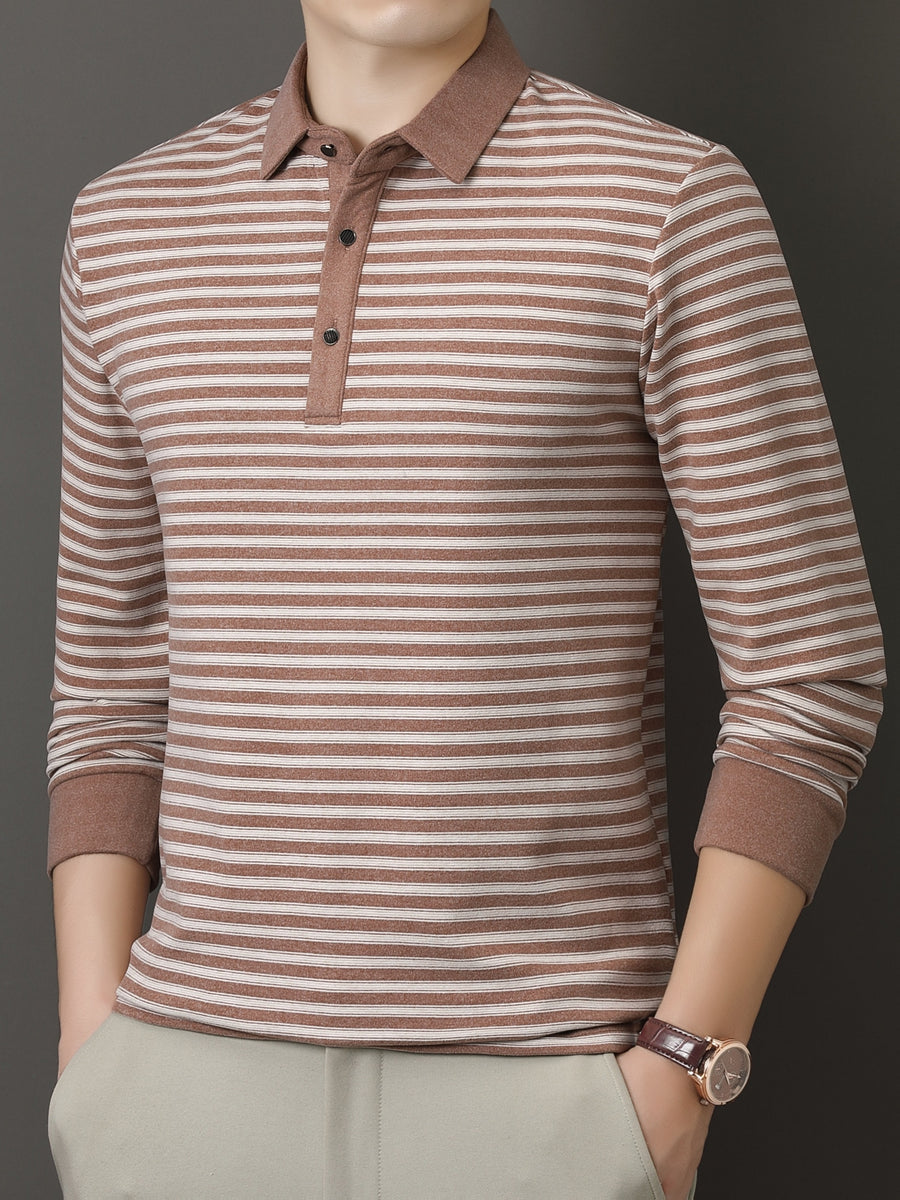 Men's Autumn/Winter Long-Sleeve Polo Shirt, Warm, Classic Striped, Simple and Elegant, Breathable, for Outdoor Wear, Skin-Friendly, with Lapel, Versatile, Ideal for Commuting and Business - Light Brown-1