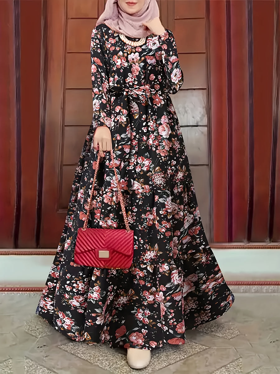 Elegant Long Floral Print Dress with Waist Cincher - Perfect for Parties, Spring/Fall, Adult, Floral Print Dress | Floral Pattern Dress | Cinched Waist Design - Mixed colors