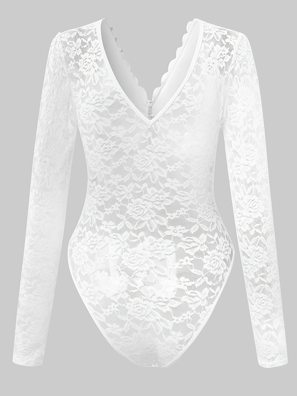 Sexy Spicy Style Deep-V Backless Lace Rose Printed Sheer Skinny Long Sleeve Bodysuit - White