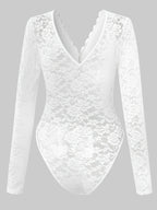 Sexy Spicy Style Deep-V Backless Lace Rose Printed Sheer Skinny Long Sleeve Bodysuit - White