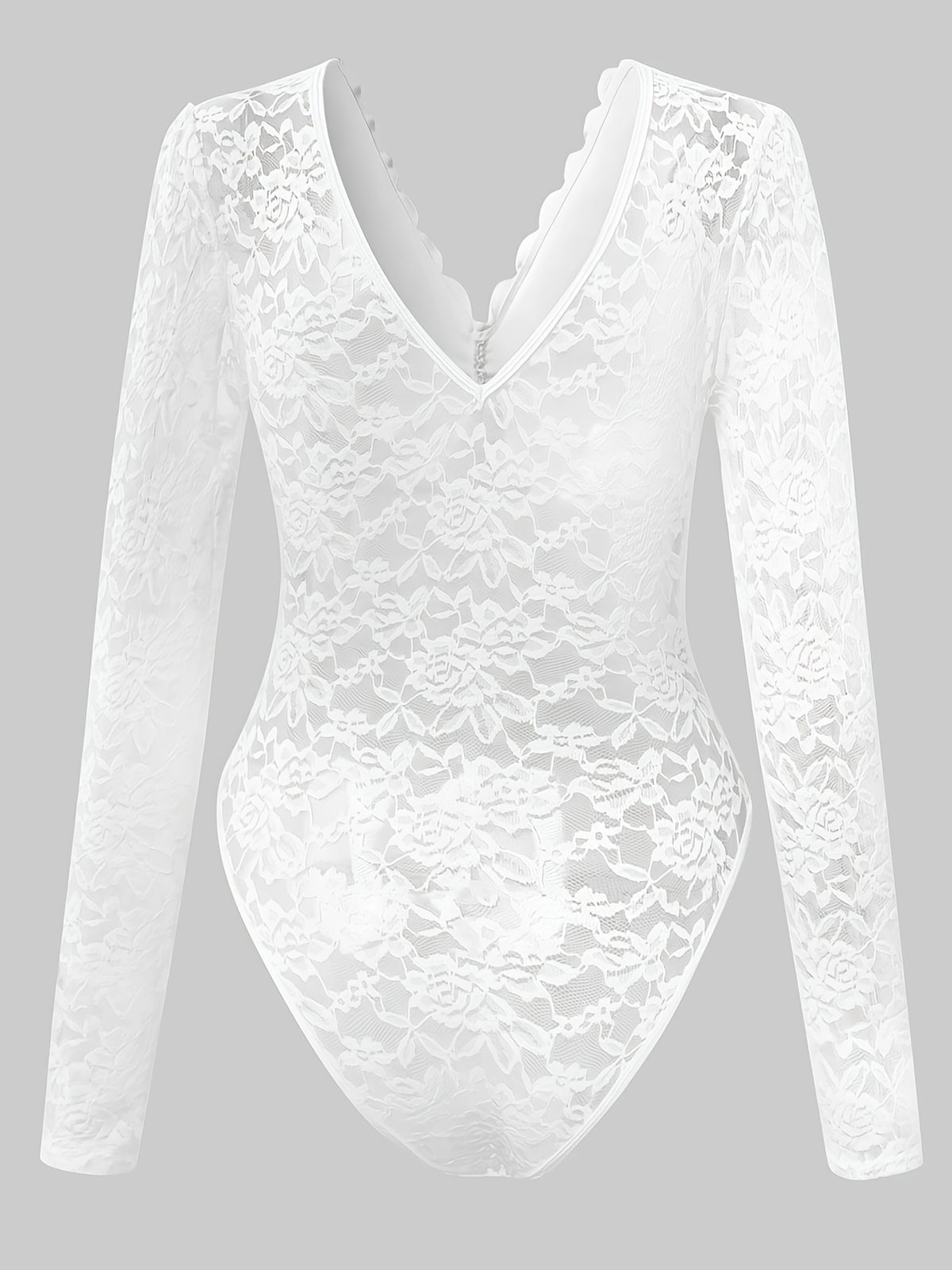 Sexy Spicy Style Deep-V Backless Lace Rose Printed Sheer Skinny Long Sleeve Bodysuit - White
