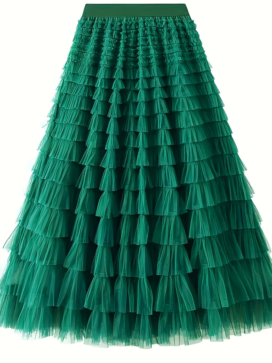Elegant Mesh Long Cake Skirt with Elastic Waist - Green