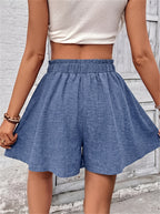 Solid Color Textured Elastic Waist Tie-String Full Skirt Wide-Leg Short Shorts - Blue