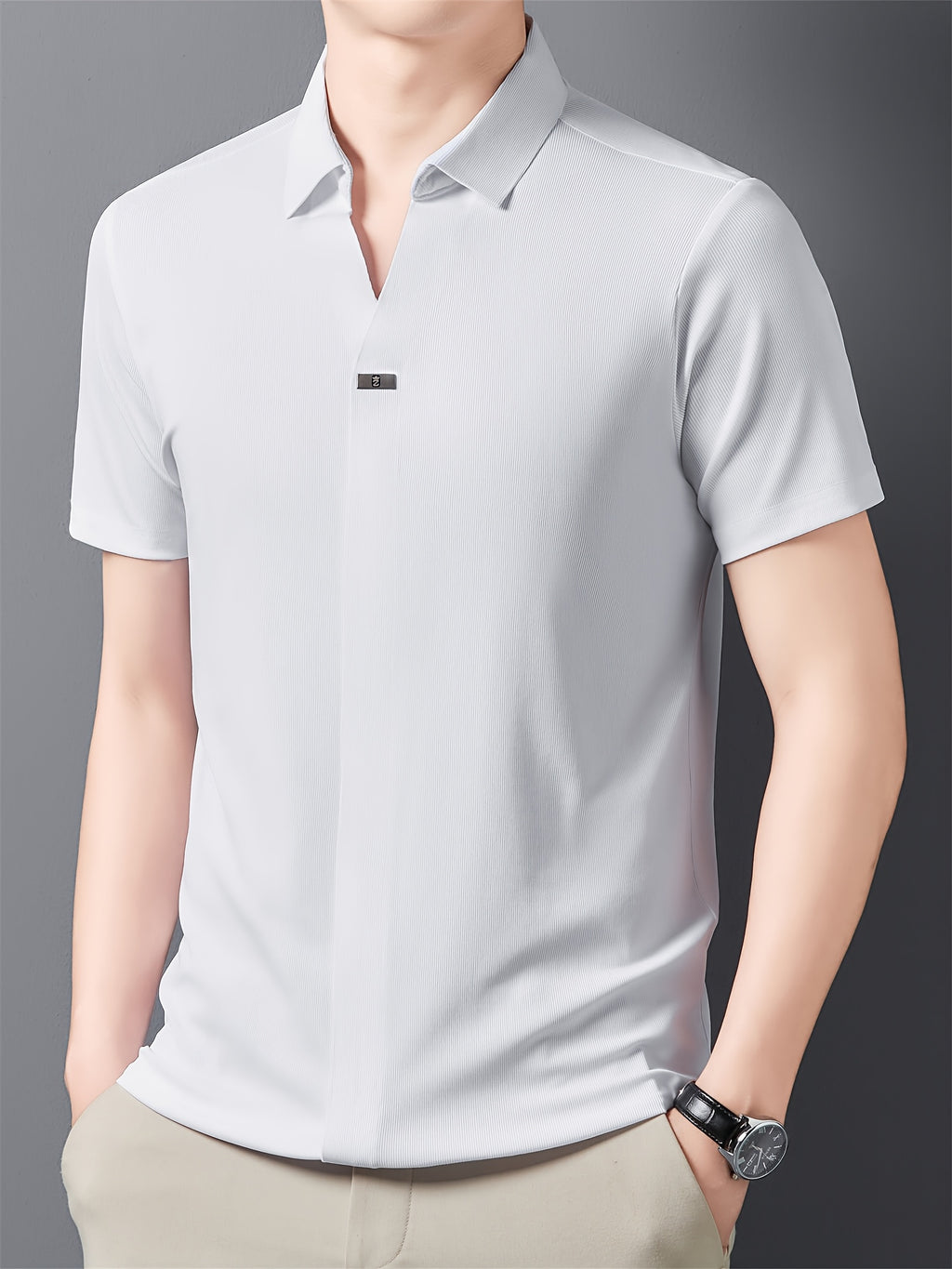 [Qiaoximei OBM] Summer New Men'S Lapel Henley Shirt, Polo Top, Icon Decoration, Suitable for Casual Outings And Versatile Style, Men'S Gift - White