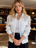 Women's Casual Mesh Cut-Out Utility Pocket Decorated Zipper Baseball Jacket for Spring, Summer, and Autumn - White
