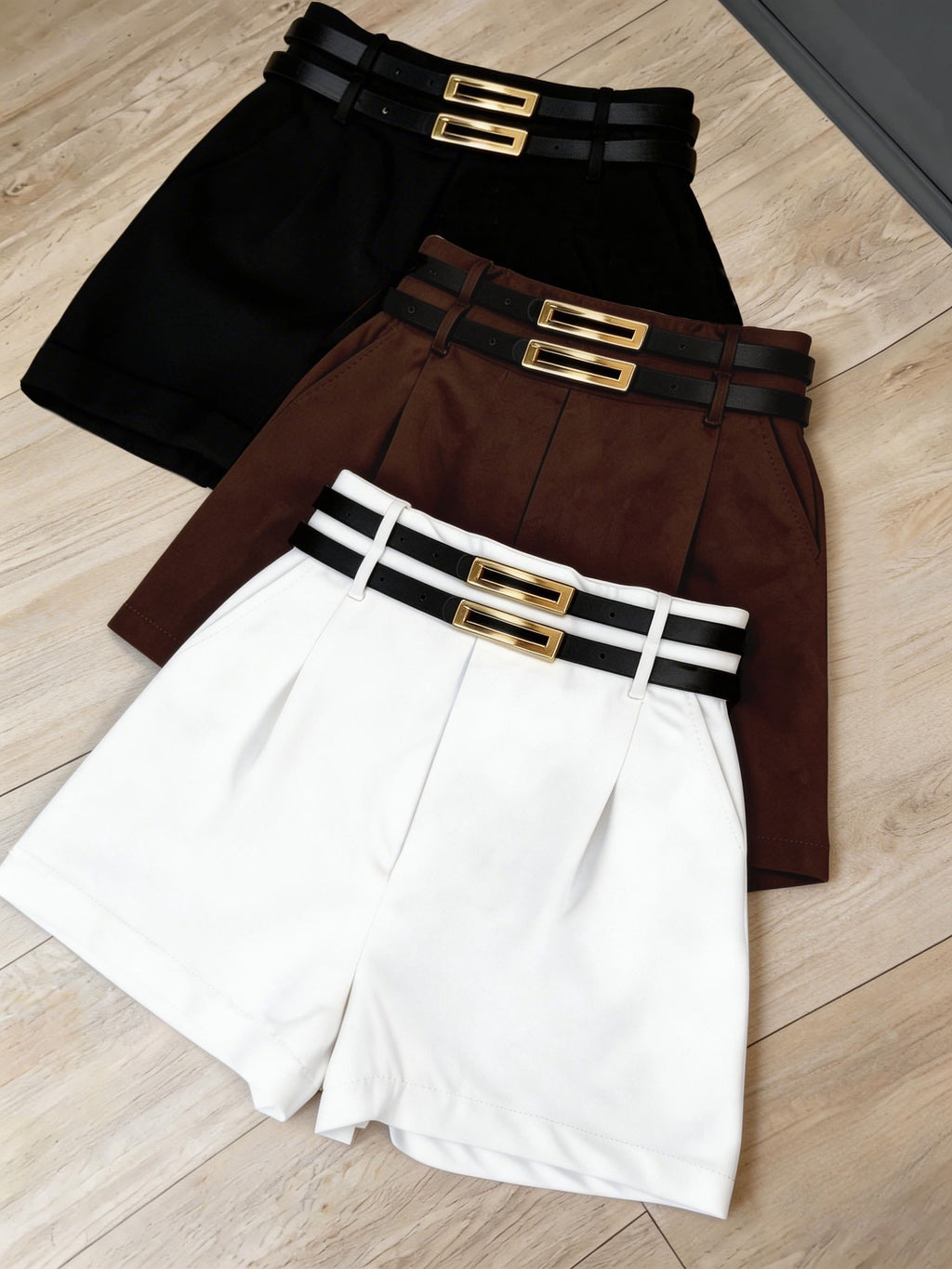 Fashionable and Elegant High-waist Suit Shorts 3pcs Set, Commuting-style and Versatile Casual Shorts Multi-piece Set, Includes Only 2 Belts - Black+white+brown