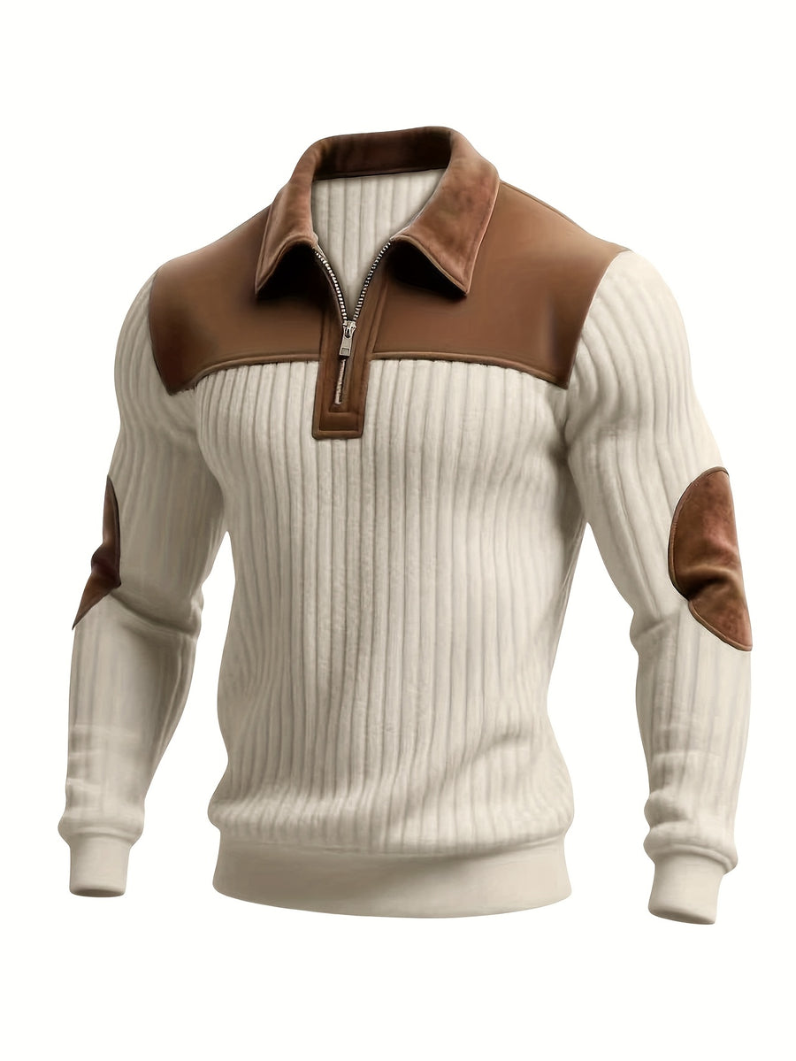 Men's Color-Block Design Casual Stand Collar Pullover - Ribbed Color-Block Patchwork, Thick and Warm Pullover, Stand Collar with Zipper Design, Suitable for Daily Casual Fashion, Simple and Versatile for Outings and Commuting, Long-Sleeve Pullover - Off-white