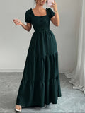Women's Elegant -Line Bridesmaid Dress with Square Neck & Puff Sleeves - High-Waisted Cinched Waist Layered Ruffle Hem Dress Suitable for Weddings, Prom, Church, Daily Wear, Machine Washable Wedding Dress - Dark Green