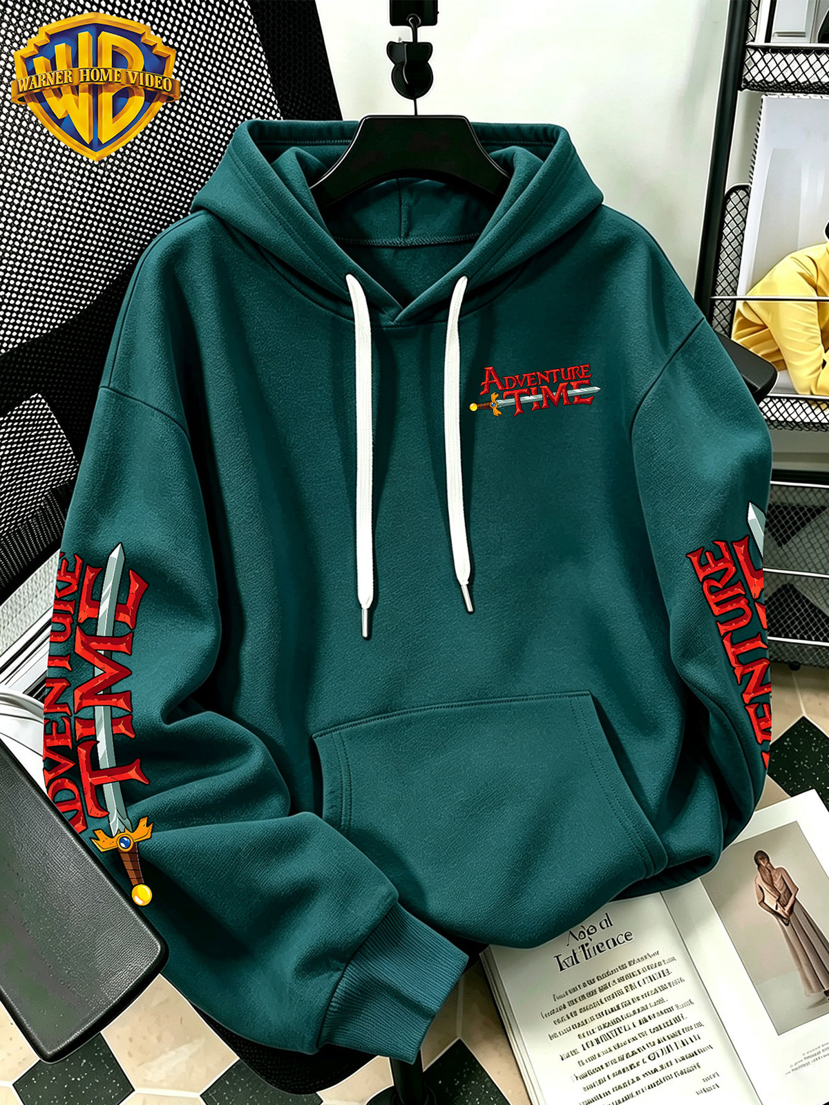 Adventure Time Full Character Wrap Group Cartoon Pattern Print Hooded Sweatshirt - Men'S Casual All-Match Pullover, Comfortable Autumn/Winter Wear, for Sports, Outdoors, Picnics, Travel, Daily/Commute/Home Choice - Green