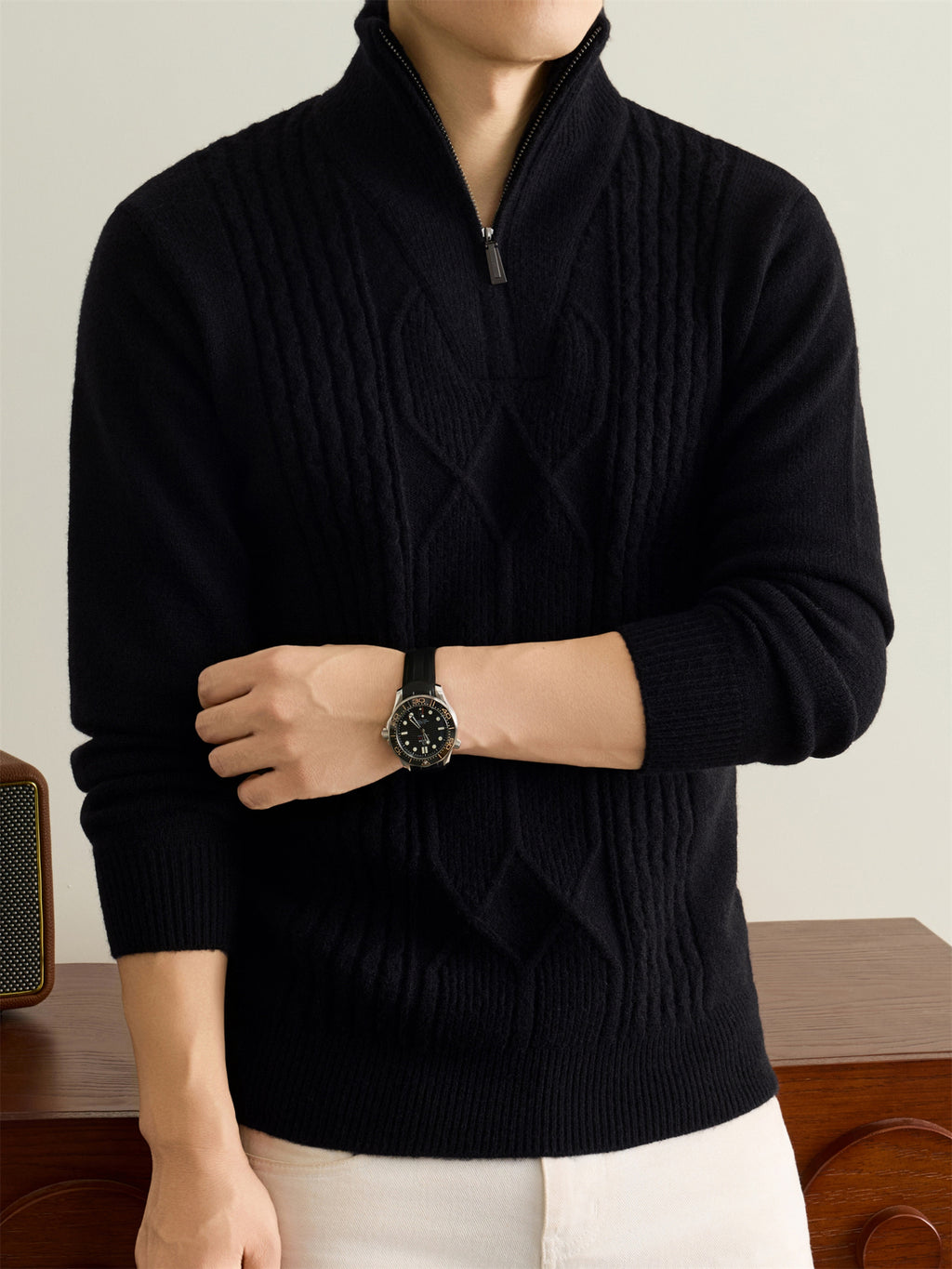 Autumn Winter Knit 3D Solid Half-Zip Stand Collar Sweater, Basic Knit Pullover Top for Men, Fashionable Long Sleeve Sweater, Size S - Black