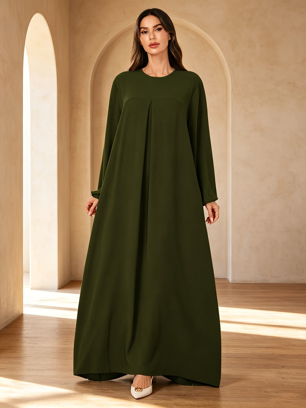 1pc Elegant Holiday Style Loose Wrinkled Versatile Solid Color Suitable for Daily Wear Comfortable Casual Loose Comfortable Women'S Abaya Dress. Abayas for Women Dubai Long Dresses for Women Abaya Damen Ladies Abaya Robe Long Sleeve Women - Olive Green