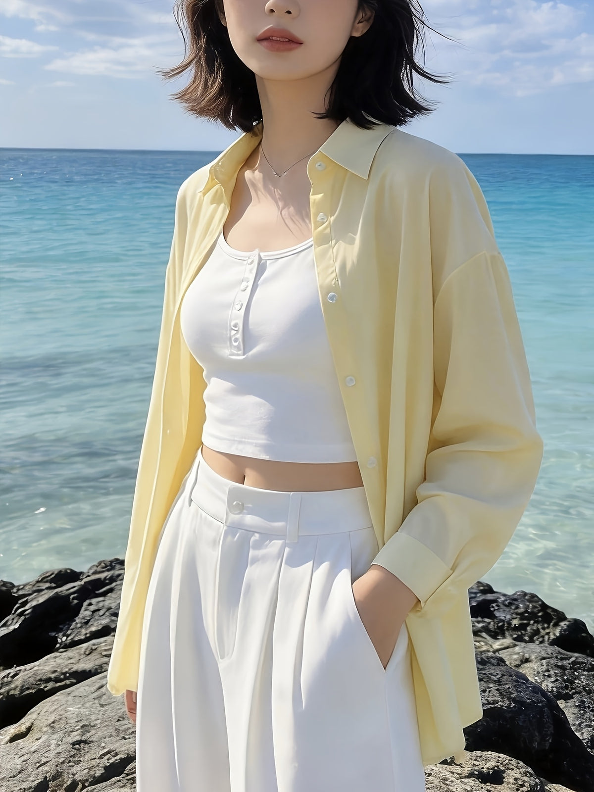 Light Yellow Gentle Temperament Long Sleeve Shirt Women'S Spring Summer New Loose All-Match Ladies Elegant Shirt Jacket Thin Long Sleeve Top - 【Light Yellow】