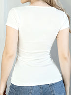Artistic Smiling Face Pattern, Women'S Hot Outfit with Sexy Design And Buttons, Non-V-Neck Women'S T-Shirt, Suitable for All Four Seasons, Revealing Y20K/Casual/Sports/Commuting/Fashionable/Elegant, Comfortable And Breathable Gift - White