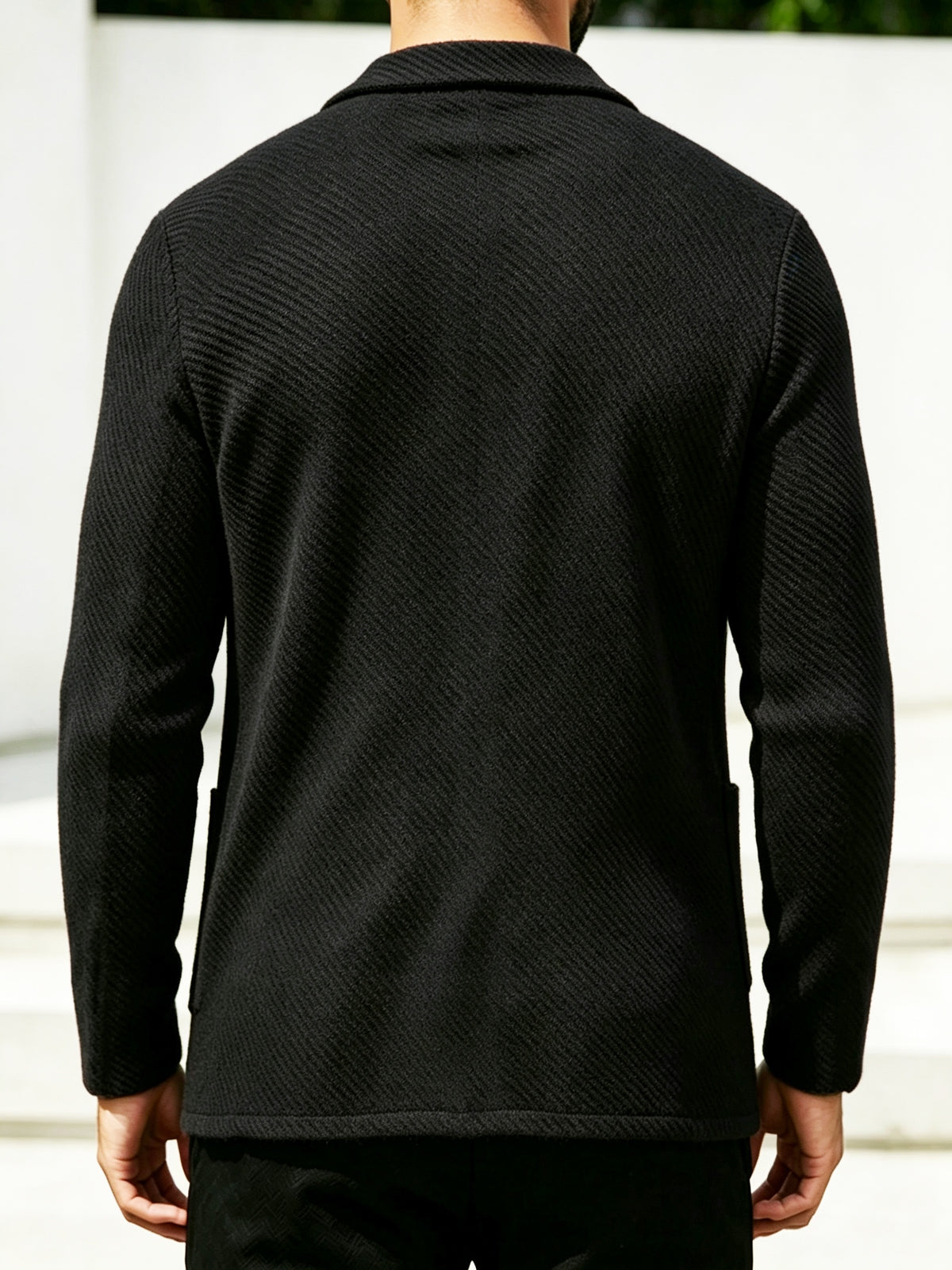 Whale Crossing OBM Men's New Spring, Autumn, and Winter Collection: Twill Textured Fabric Notched Lapel Cardigan, Single-Breasted with Double Pockets, Business Casual Versatile Long-Sleeve Knit Outerwear. Soft, Comfortable, and Stylish Solid-Colored - Black