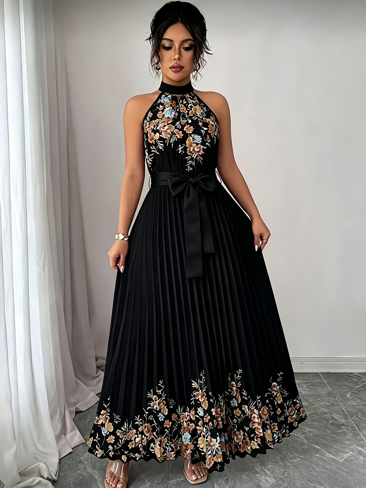 Women'S Floral Print Pleated Flared Maxi Dress with Tie Waist, Wedding Evening Party Formal Gown, Date Vacation Dress - Black